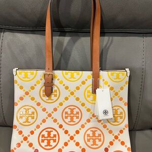 Tory Burch Orange and Yellow Patterned Tote